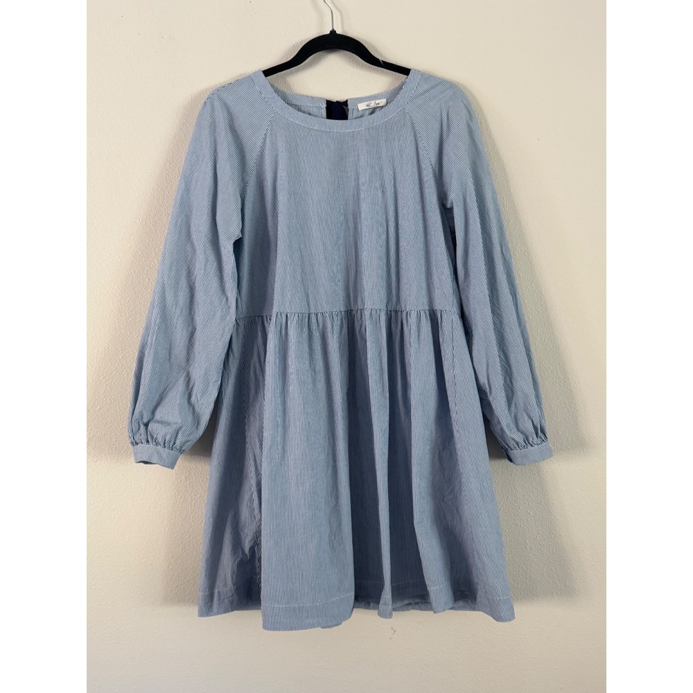 Pleione Blue White Pinstripe Babydoll Dress Long Sleeve Tie Back Size Medium